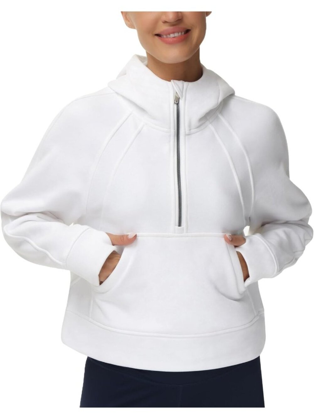 Women's White Warm Fleece Lined Half Zip Thumb Hole Cropped Pullover Sweatshirt